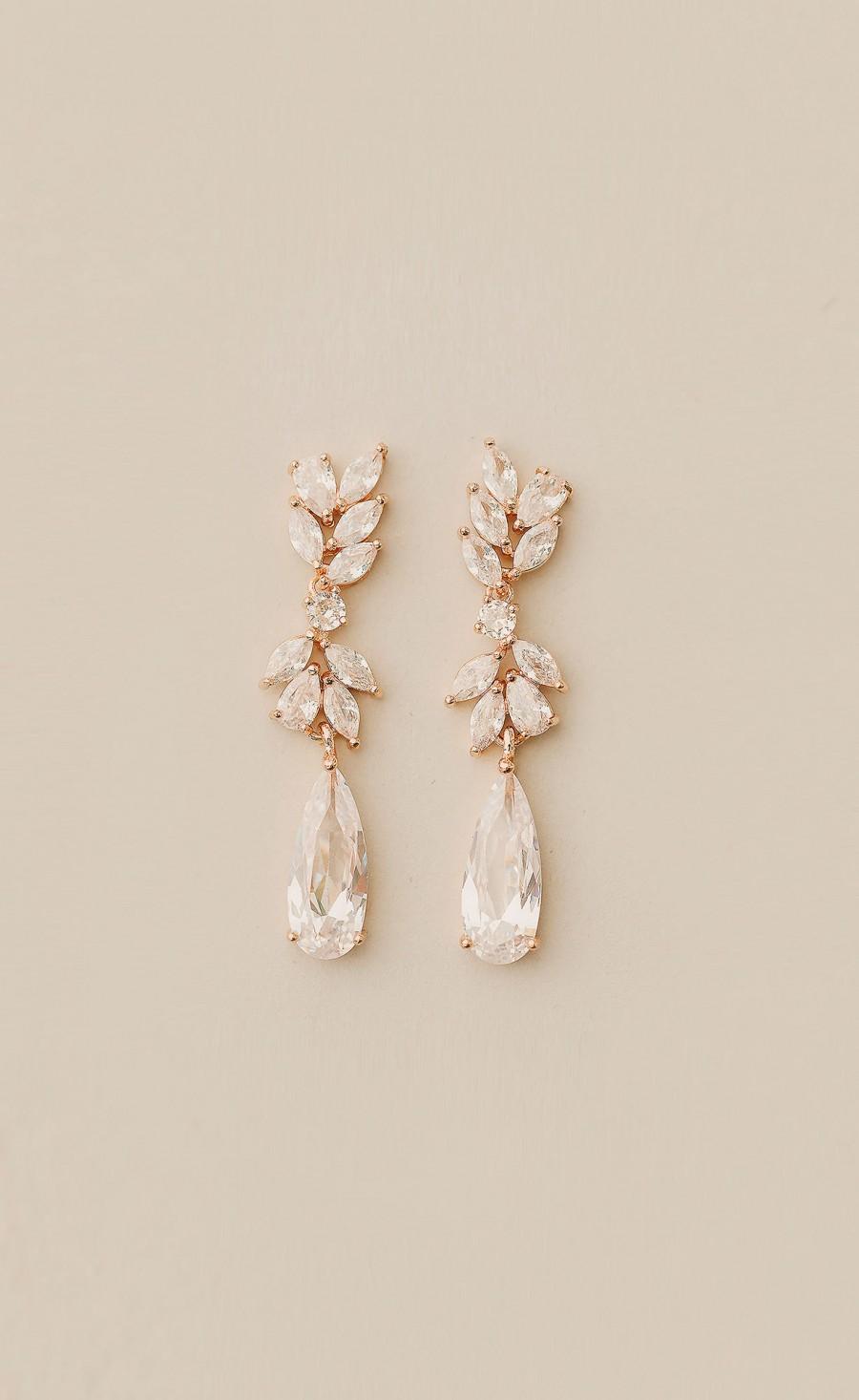 Wedding - Crystal Bridal earrings Wedding jewelry Swarovski, Rose Gold Wedding Earrings Bridal Jewelry, Drop Earrings, Bridal Necklace