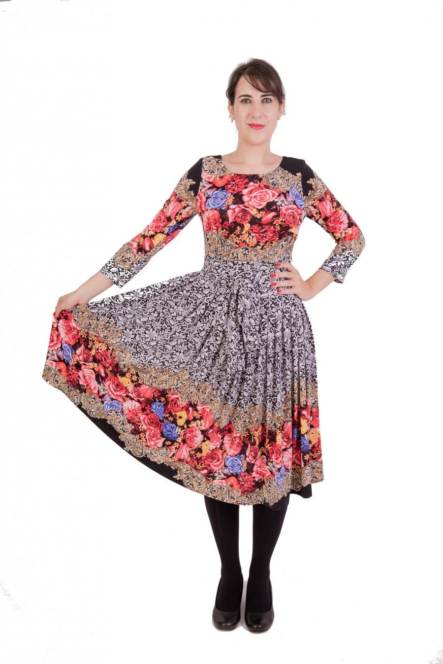 Mariage - Womens Dress, Short Dress, Midi Dress, Floral Print Dress, Round Neck Dress, Long Sleeve Dress, Pleated Dress