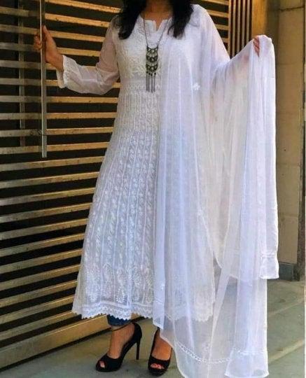 زفاف - Lucknowi Chikankari Georgette Anarkali Kurta With stole Dupatta Kurta Chikan Beautiful Hand Embroidery Style Kurti Shirt Beach Wear Boho