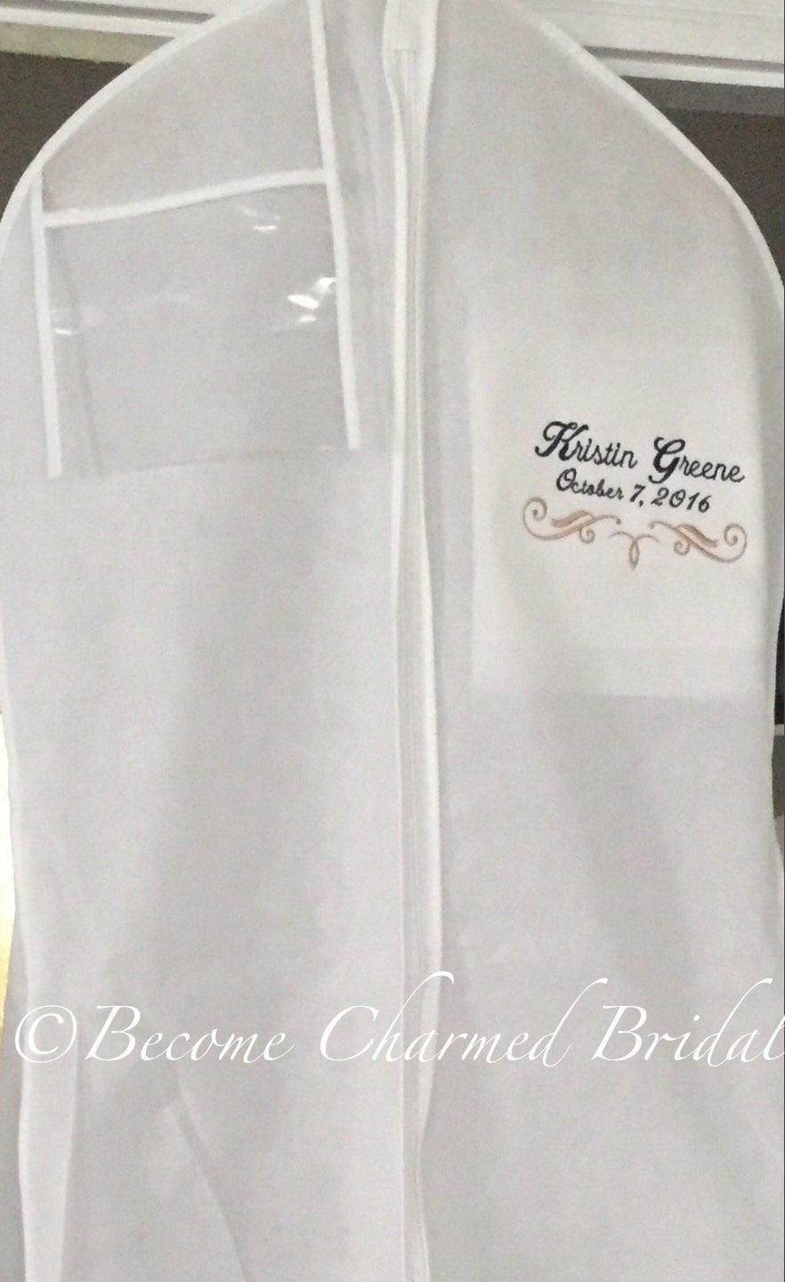 زفاف - 72" Embroidered Breathable Wedding Gown Dress Garment Bag Personalized, 2-line, Storage, Preserving, Protection, White, Extra Deep Gusset