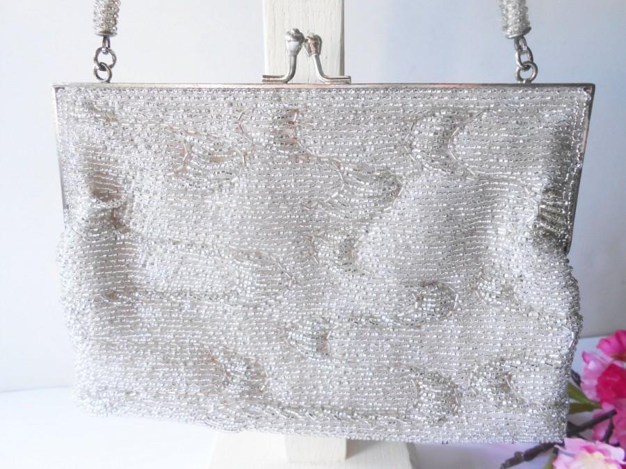 Hochzeit - Vintage Silver Evening Bag, Sparkly Silver Beaded Handbag,  EB-0157