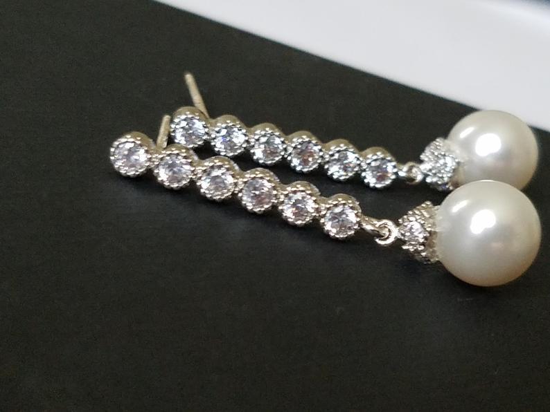 Wedding - Pearl Bridal Earrings, Swarovski 8mm White Pearl Silver Earrings, Pearl Drop Wedding Earrings, Pearl Wedding Jewelry, Pearl Dainty Earrings