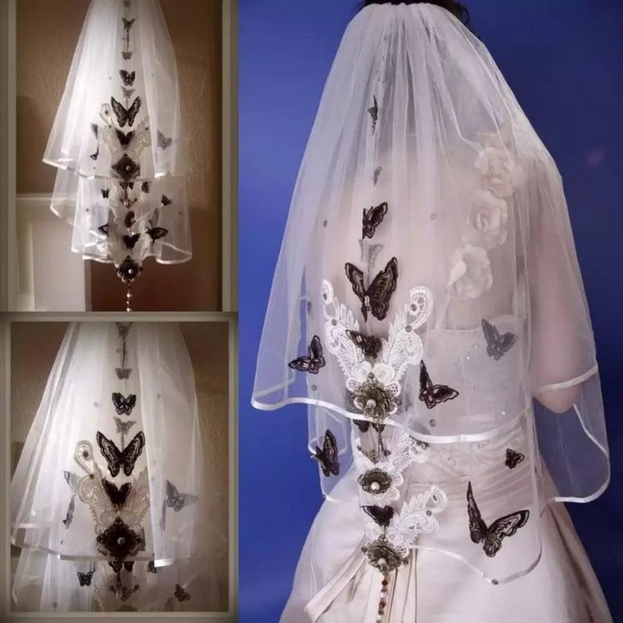 Wedding - Wedding Veil With Black Butterfly Design in White-Bridal Veil,White Veil,Layered Veil,Wedding Veil with comb-White Butterfly Wedding veil.