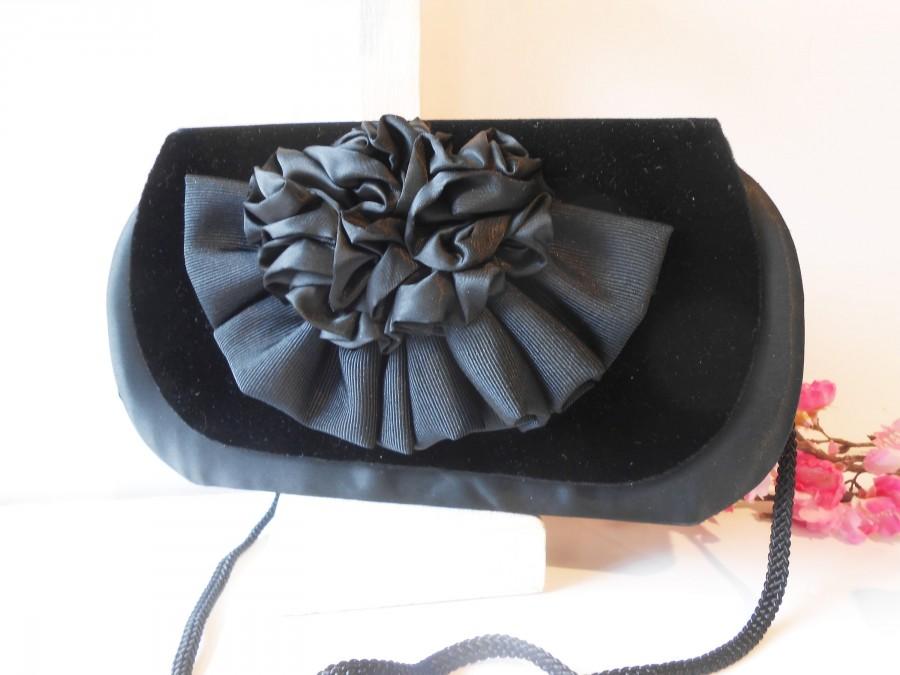 Hochzeit - Vintage Black Evening Bag, Glamorous Velvet Satin Handbag, EB-0555