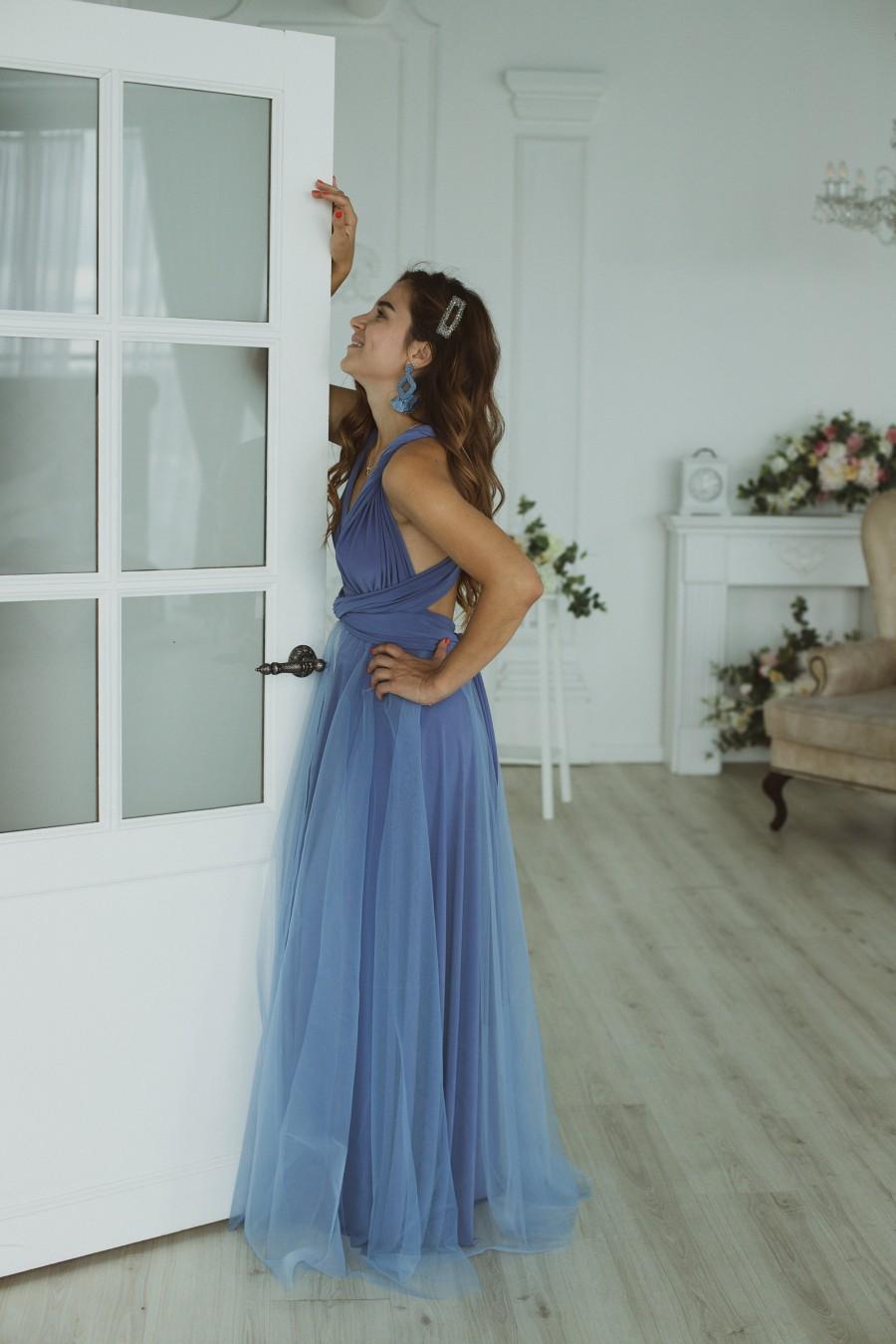 Hochzeit - Bridesmaid dress, steel blue infinity tulle dress, steel blue tulle convertible dress,  multiway dress, blue tulle dress, bridesmaid dress