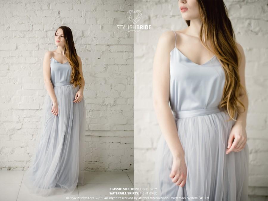 Wedding - Light Grey Classic Silk Bridesmaid Dress Tulle Skirt, Long Floor Grey Length Waterfall Tulle Skirt, Prom Simple Grey Dress, Silk Cami Top