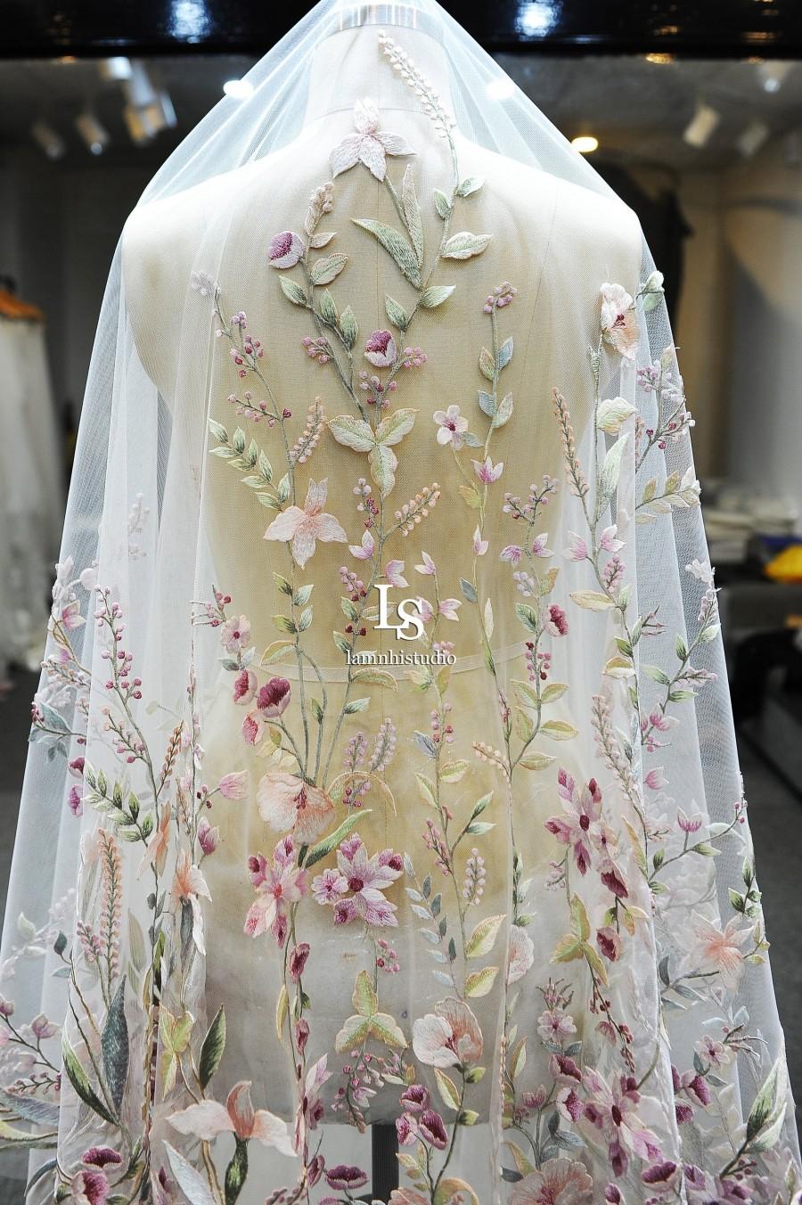 Wedding - LS54/Embroidery mix-color flower veil/ 1 tier veil/ cathedral veil/ custom veil/bidal veil/ flower veil/ embroidery veil/ floral veil/