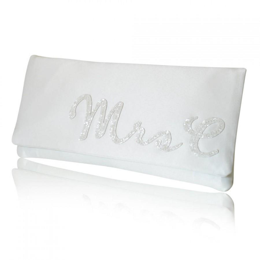 Wedding - Ivory satin MRS personalised initial wedding day bridal clutch purse