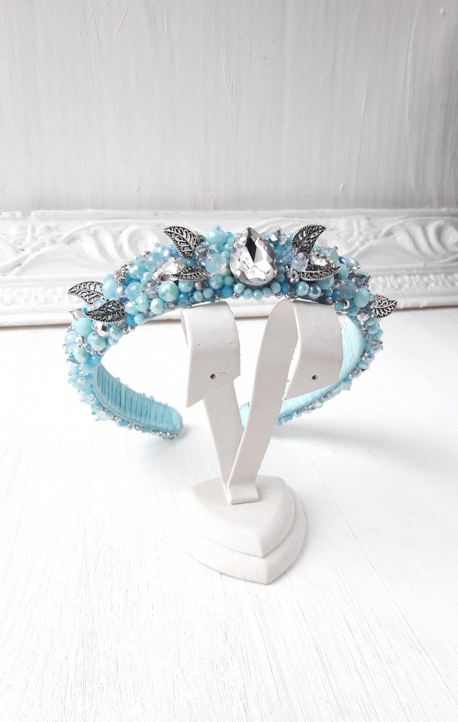 Hochzeit - Light blue wedding headband, Baroque Headband, Queen tiara Bridal jewelled crown, Beaded Embellished crystal Hairband Dolce Vita crown