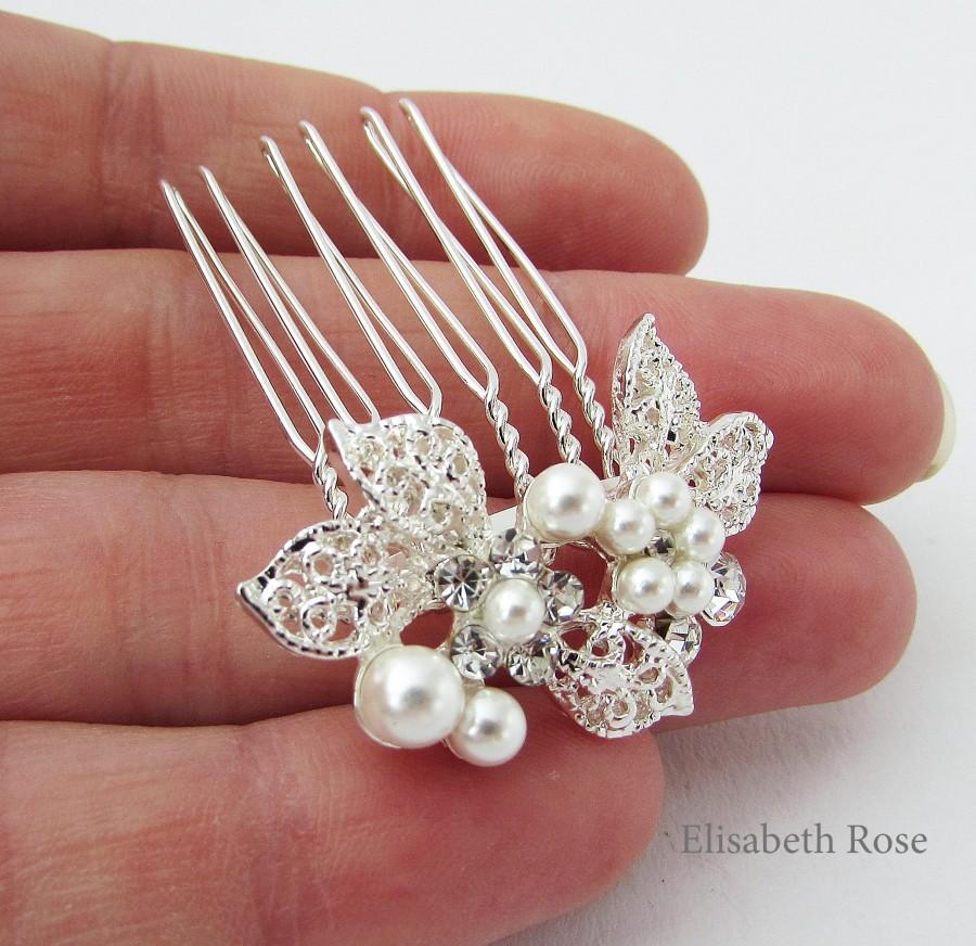 Wedding - Small Silver and White Pearl Hair Pin, Silver Hair Comb for Wedding, Bridal Pearl Hair Comb, Small Silver Hair Pins for Bridemaids