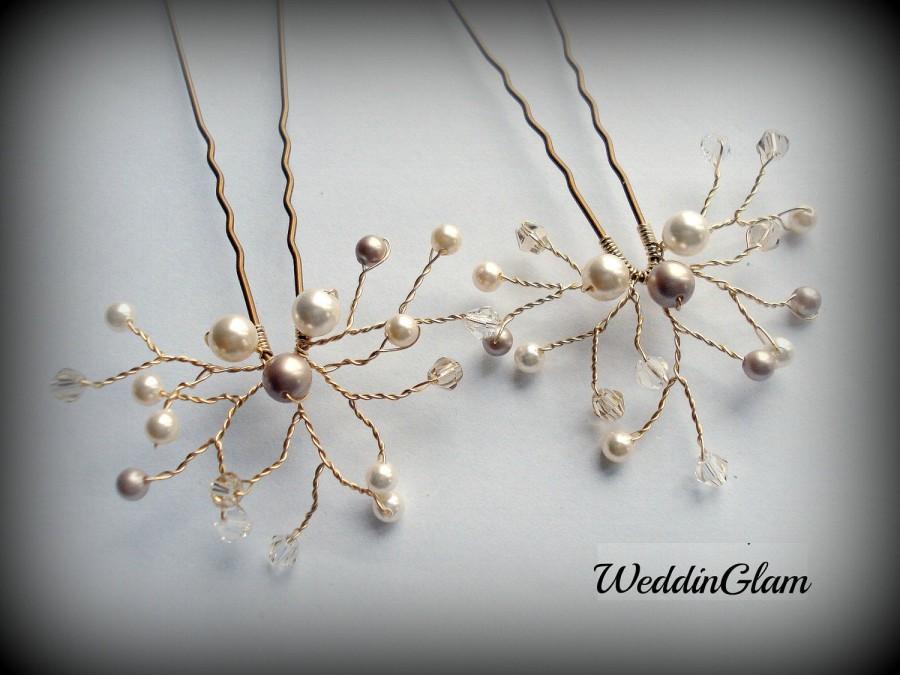 Hochzeit - Bridal Hair Pin, Wedding Hair Accessories, Swarovski Pearls, Pearl fascinator, Bridesmaid Hairdo, Champagne Ivory hair pins, Set of 2