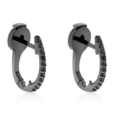 Wedding - Black Diamond Hoop Huggie Earrings In 14K Gold 0.16 Carat For Men's.