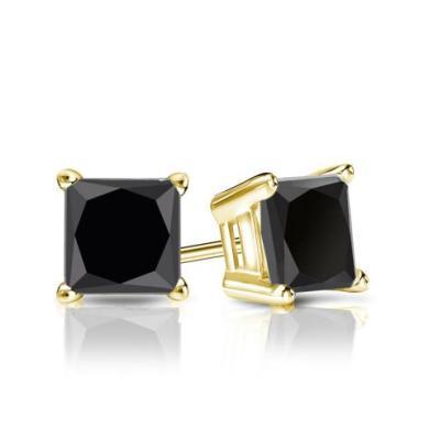 Hochzeit - Black Diamond Stud Princess Cut Earrings 1.50 Carat In 14k Yellow Gold