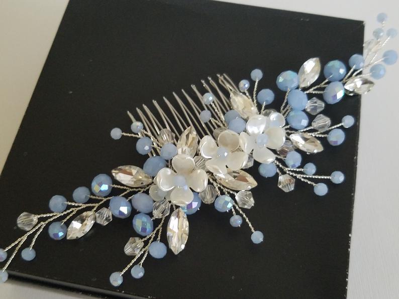 Hochzeit - Dusty Blue Bridal Hair Comb, Blue Crystal Headpiece, Wedding Light Blue Hairpiece, Wedding Floral Hair Piece, Dusty Blue Hair Accessories