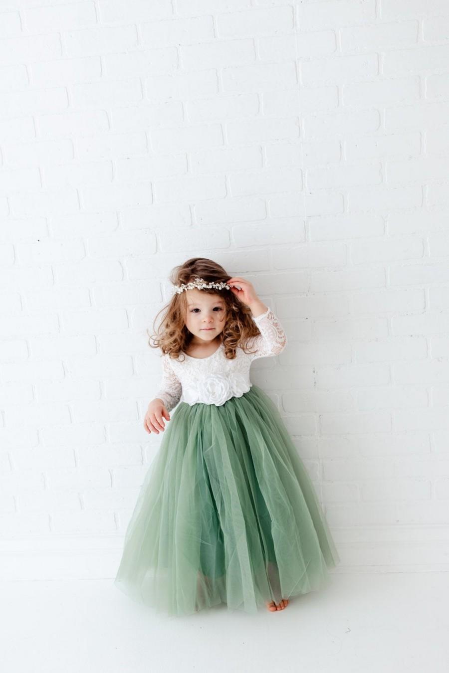Mariage - White Lace Flower Girl Dress, Sage Green Long Sleeve Wedding Dress, Ball, Bohemian Mint Tulle Dress, Eucalyptus, Fern, Pistachio