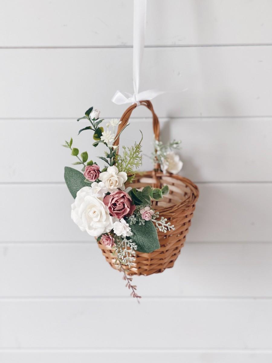 زفاف - Flower girl basket, Dusty rose flower girl Basket, flower girl basket with flowers, Flower girl crown, Dusty rose Wedding decor