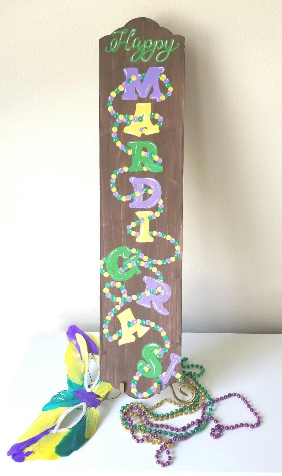 Wedding - Happy Mardi Gras hand painted wood sign indoor or outdoor decor mardi gras colors beads surround letters stand against wall or outside door