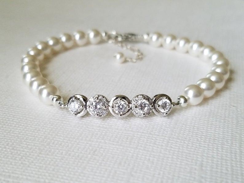 Mariage - Pearl Bridal Bracelet, Swarovski White Pearl Silver Wedding Bracelet, Dainty Pearl Bridal Bracelet, Bridal Pearl Jewelry, Pearl CZ Bracelet
