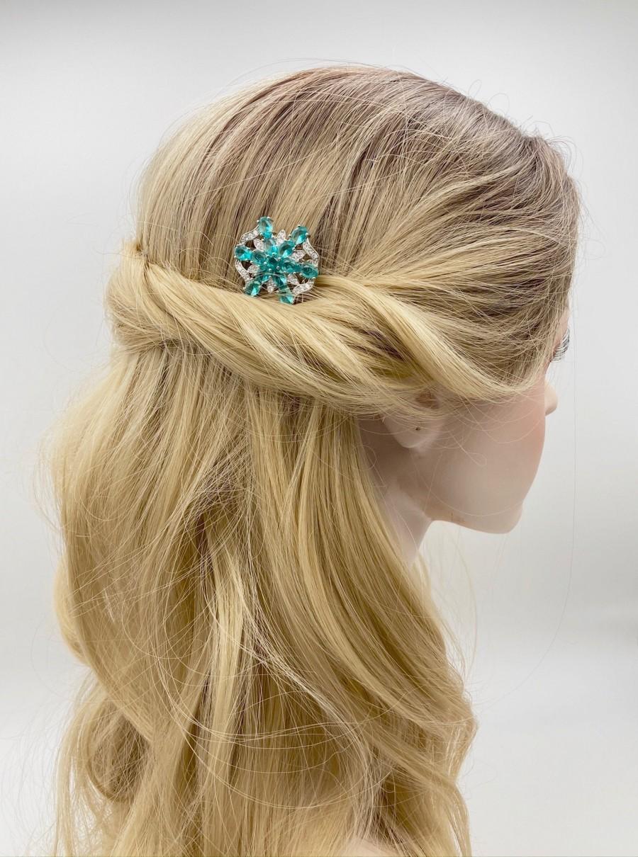 Mariage - Aquamarine Bridal Hair Piece, Swarovski Wedding Hair Jewelry, Silver Blue Hair Comb, Beach Wedding, Small Headpiece, Blond Hair Accessory