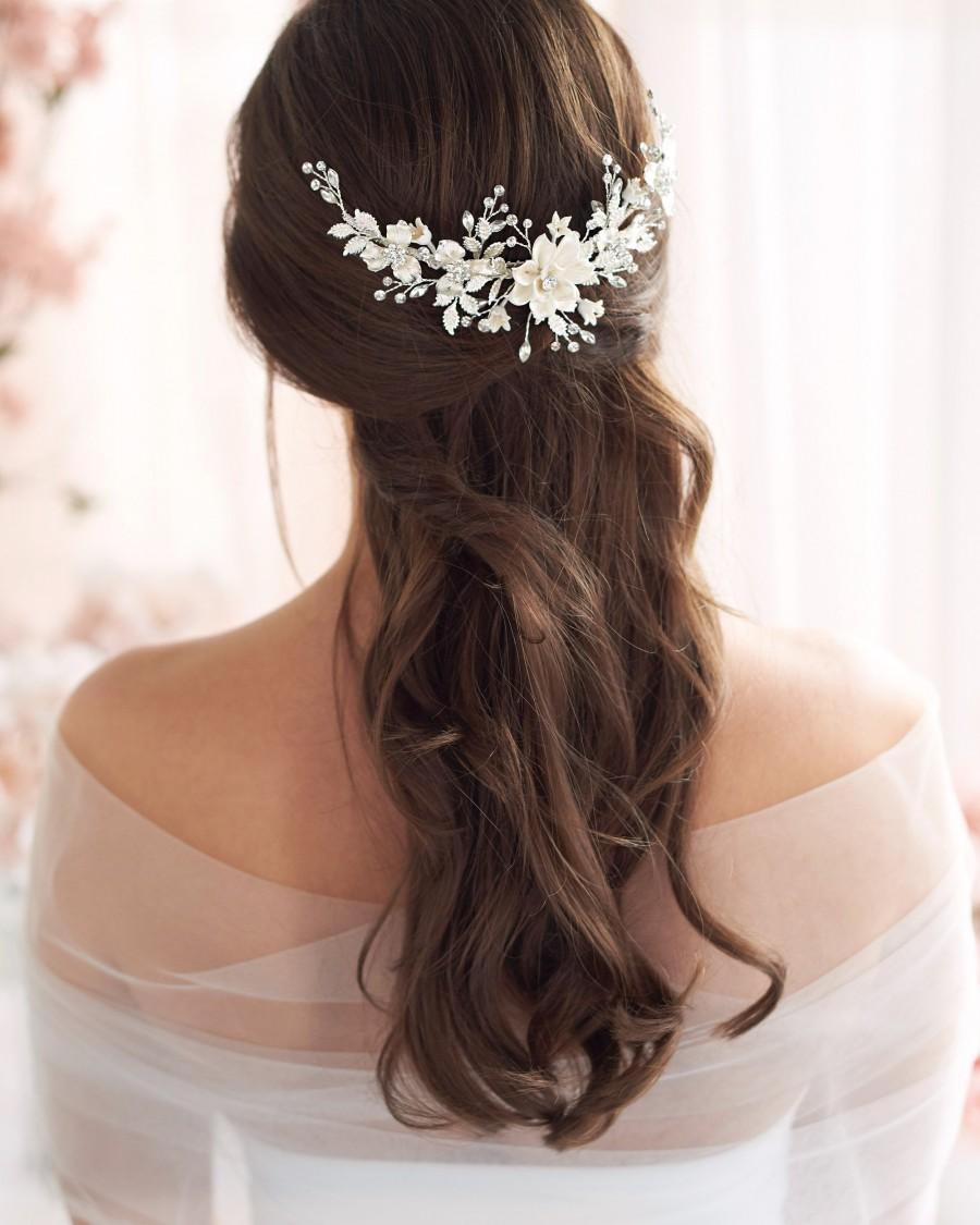 زفاف - Floral Bridal Back Comb, Rhinestone Bridal Hair Comb, Ivory Flower Hair Comb, Bridal Hair Accessory, Flower Comb, Bridal Hair Comb ~TC-2303
