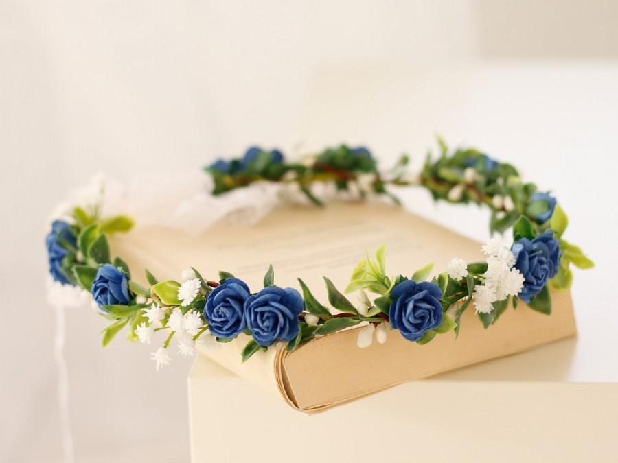 Hochzeit - Royal blue flower crown wedding, dainty floral crown first communion confirmation, cobalt blue hair wreath, navy blue flower halo