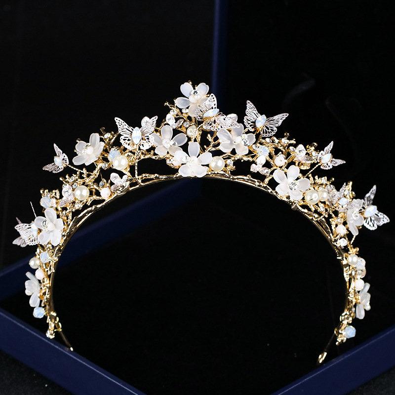 Mariage - Gold Florist Butterfly Cyrstal Flower Petals  Pearl Tiara Wedding Bridal Prom Party Bridal Shower Tiara Rhinestone Crown