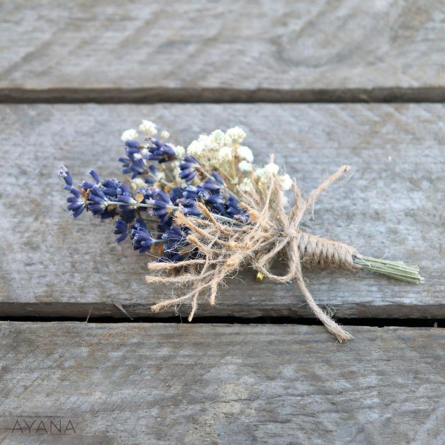 Hochzeit - Buttonhole "Authenticité", preserved flower groom accessory for provencal wedding, natural brooch made with lavender, baby's breath and jute