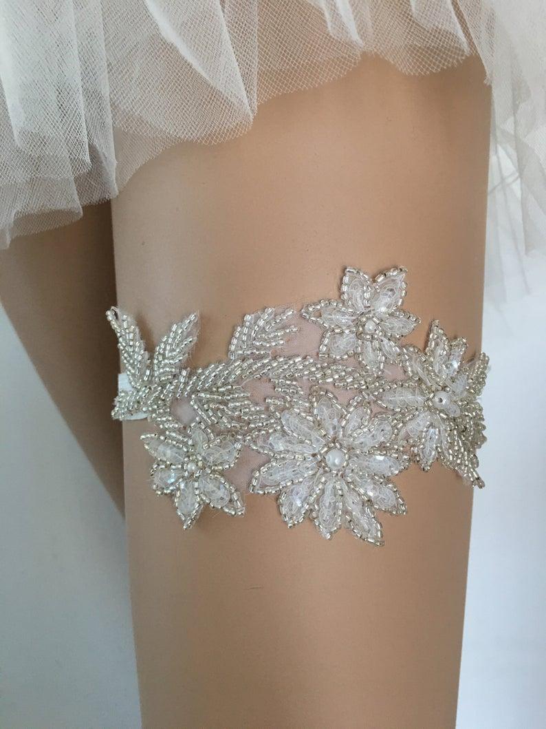 Mariage - Silver beaded Bridal lace garter, wedding garter, Bridal Gift Garter silver garter, pearl garter for wedding garter Embelishment garter