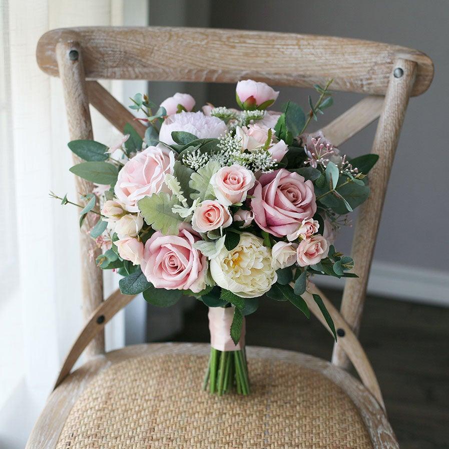 زفاف - Blush Pink Artificial Rose & Peony Bridal Bouquet, Greenery Wedding Bouquet, Wedding Flowers Silk Bouquet Bride Silk Flowers Artificial Faux