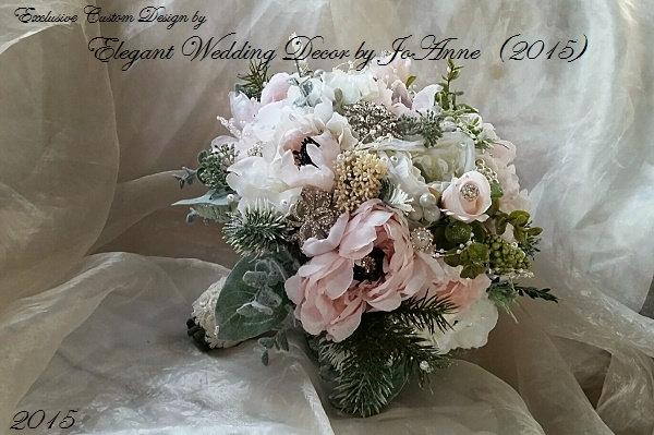 Wedding - RUSTIC WEDDING BOUQUET, Vintage Jeweled Wedding Bouquet, Silk flower Winter Green Bouquet, Rustic Brooch Bouquet-Deposit