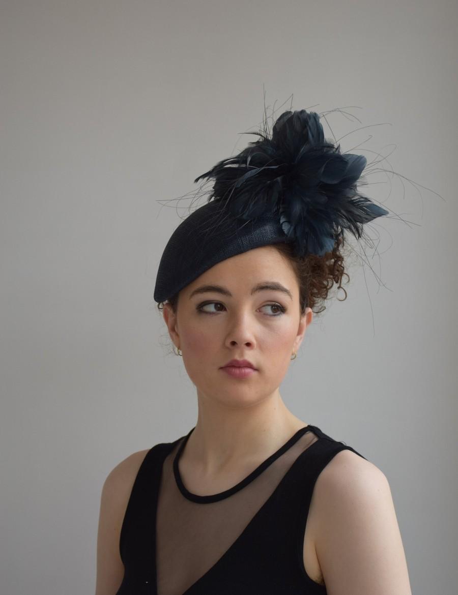 Wedding - Navy Beret Style Cocktail Hat - Navy Blue Fascinator - Navy Wedding Hat - Navy Blue Ascot Hat - Navy Hatinator - Navy Wedding Fascinator