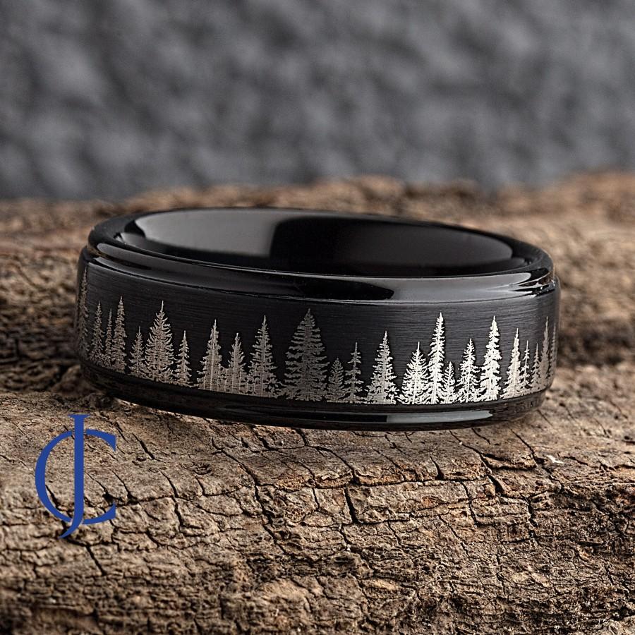 Свадьба - Fir Tree Forest Mens Wedding Band – Nature Tungsten Ring Wedding Band Mens – Unique Forest Wedding Band