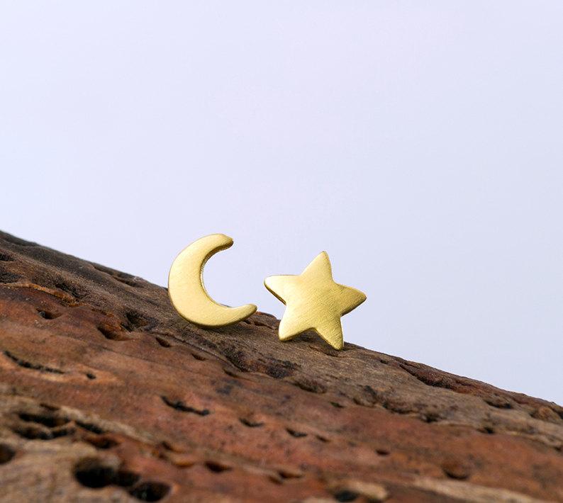 Hochzeit - Tiny Moon and Star Earrings 14k solid Gold Crescent Moon Rose Golf Post Earring Star Crescent Moon Jewelry Rose Gold Moon Valentine gift