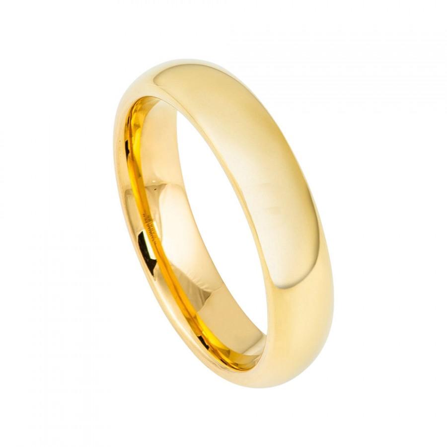 Wedding - Tungsten Wedding Band 18k Yellow Gold Ring Mens Wedding Band 5mm Engagement Ring Polished 18k Yellow Gold Tungsten Band Classic Domed Ring