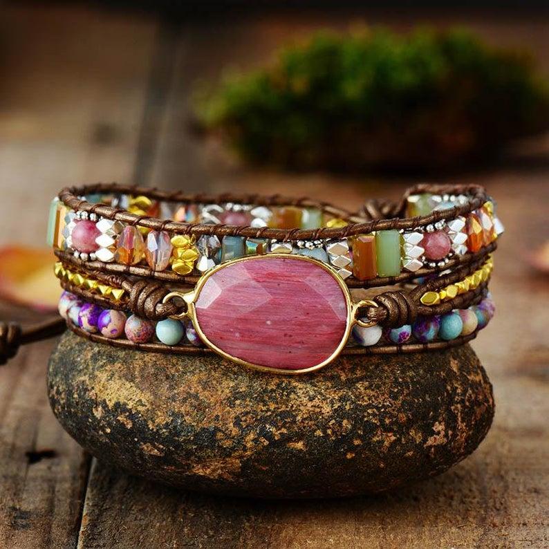 Wedding - Rhodochrosite Bracelet - Healing Stone Bracelet - Natural Stone Beaded Bracelet- Leather Wrap Bracelet - Rhodochrosite Beads Bracelet