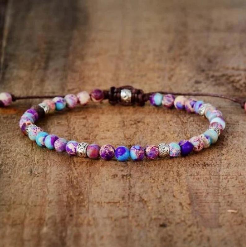 زفاف - Yoga Bracelet-Jasper Bead Bracelet-Healing Gemstone Natural Purple Stone Bracelet-Cord Stacking Friendship Meditation Bracelet Adjustable