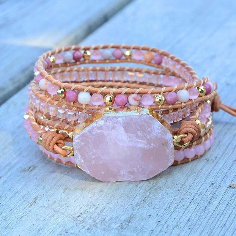 Свадьба - Rose Quartz Bracelet Healing Crystal-Leather Pink Stone Wrap Bracelet with Beads-Natural Healing Stone Bracelet-Rose Quartz Beads Bracelet