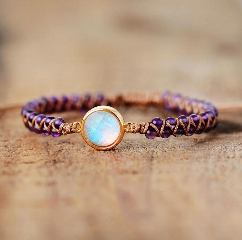 زفاف - Opal Stone Bracelet-Healing Amethysts Gemstone Yoga Friendship Bracelet -Boho Natural Stone Bracelet-Healing Crystal Leather Wrap Bracelet