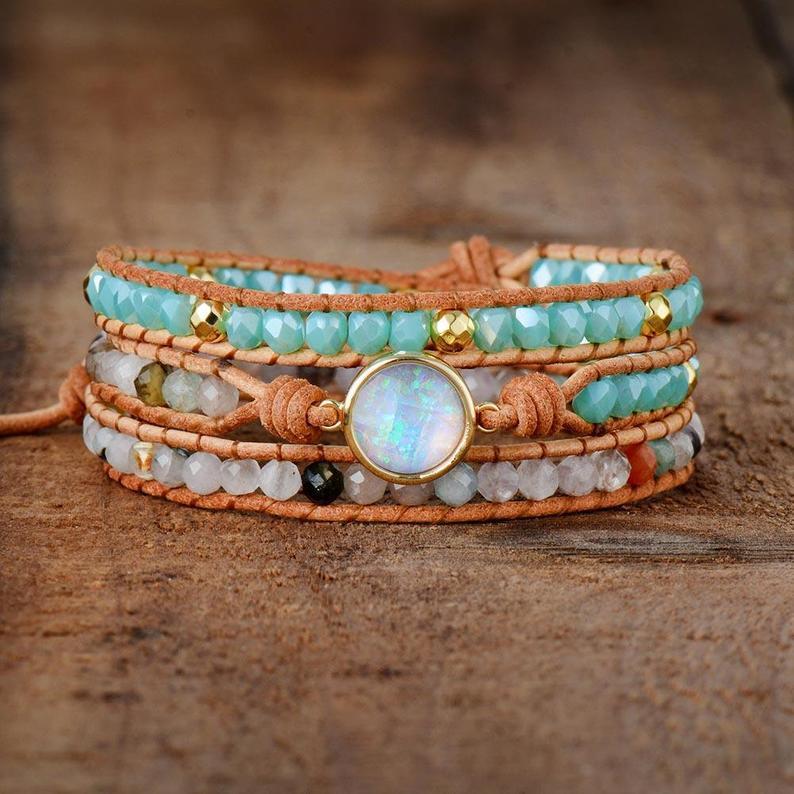 Wedding - Opal Stone Bracelet - Healing Stone Yoga Bracelet - Boho Natural Stone Bracelet - Healing Crystal Bracelet Beaded-Leather Wrap Bracelet Boho