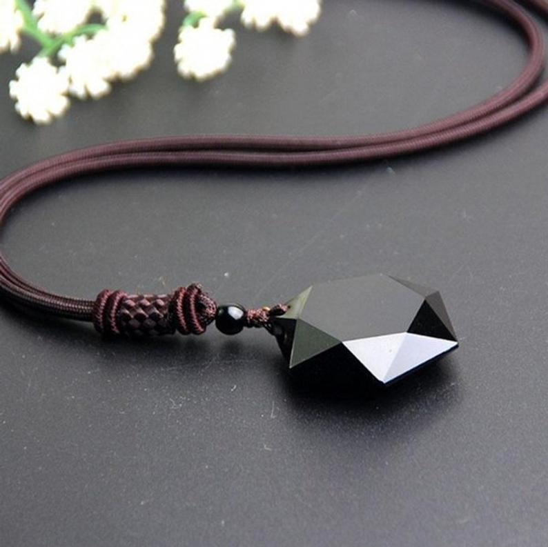 Mariage - Black Hexagonal Obsidian Necklace-Spiritual Grounding Energy Protection Necklace-Obsidian Pendant-Black Obsidian Stone Necklace Pendant
