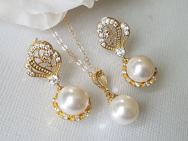 زفاف - Gold Bridal Pearl Jewelry Set, Swarovski White Pearl Earrings&Necklace Set, Pearl Halo Earrings, White Pearl Pendant, Wedding Bridal Jewelry