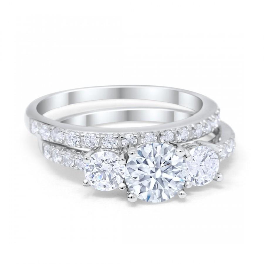 زفاف - 3-Stone Three Stone Wedding Band Engagement Ring Bridal Set Ring Band Solid 925 Sterling Silver Round Simulated Diamond CZ