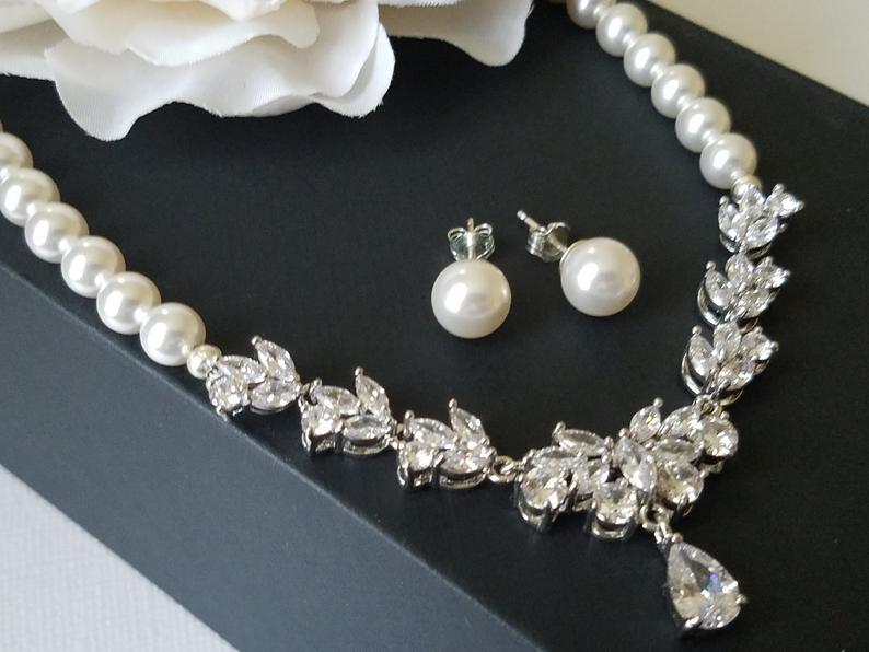 Hochzeit - Pearl Bridal Jewelry Set, Swarovski White Pearl Earrings&Necklace Set, Pearl Cubic Zirconia Jewelry Set, Wedding Jewelry, Statement Necklace