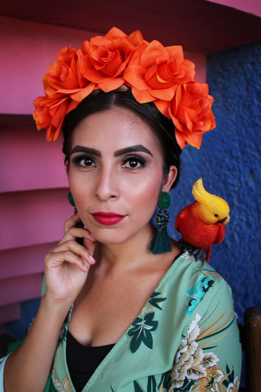 Hochzeit - Orange Flower Crown Headband (Mexican Wedding Bridal Headpiece Bride Party Music Festival Boho Gypsy Bridesmaids Adult Wreath Party)