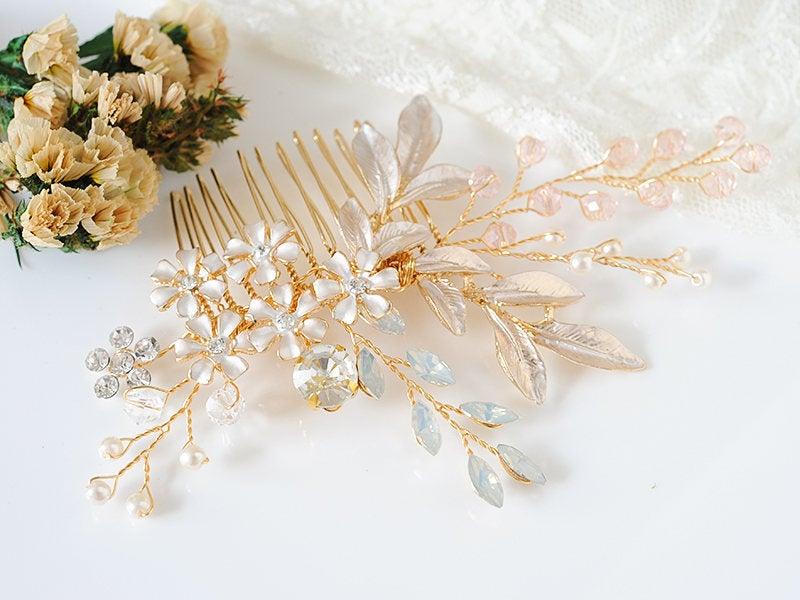 زفاف - Gold Wedding Hair Comb, Bridal Hair Comb, Flower Leaf Hair Vine, Pink Opal Crystal Hair Accessories, Boho Headpiece, Hair Jewelry, CYRA