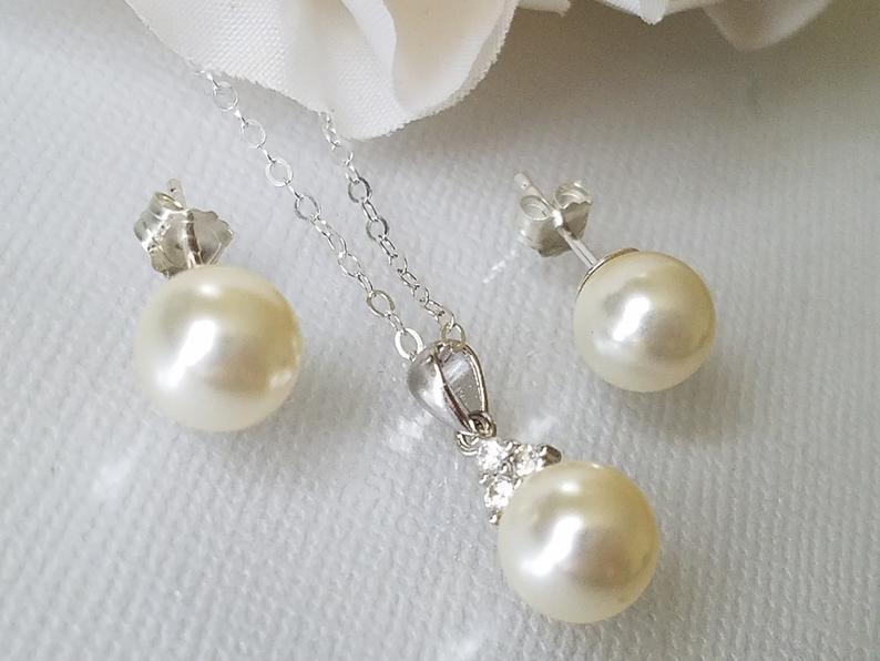Hochzeit - Pearl Sterling Silver Bridal Jewelry Set, Swarovski 8mm Ivory Pearl Earrings&Necklace Set, Pearl Dainty Wedding Jewelry Set, Bridal Jewelry