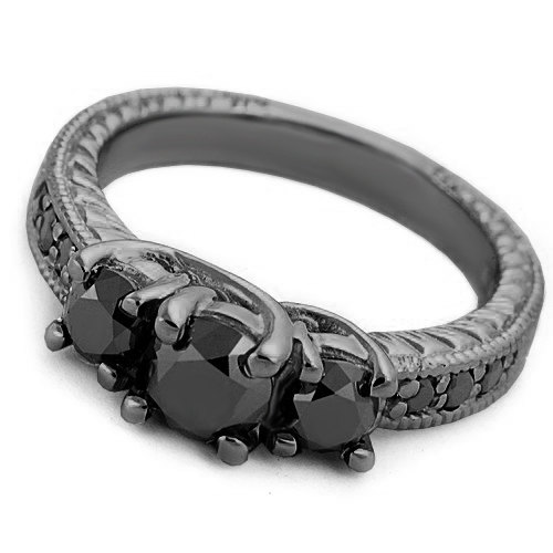 Hochzeit - 1.65ct Black Diamond Engagement Ring 14k Black Gold Three Stone Vintage Antique Style