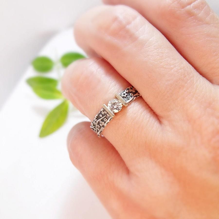 Hochzeit - Moissanite Engagement Ring Womens Wedding Band Wedding Ring Diamond-alternative Womens Engagement Ring Cherry Blossom Ring Floral Ring