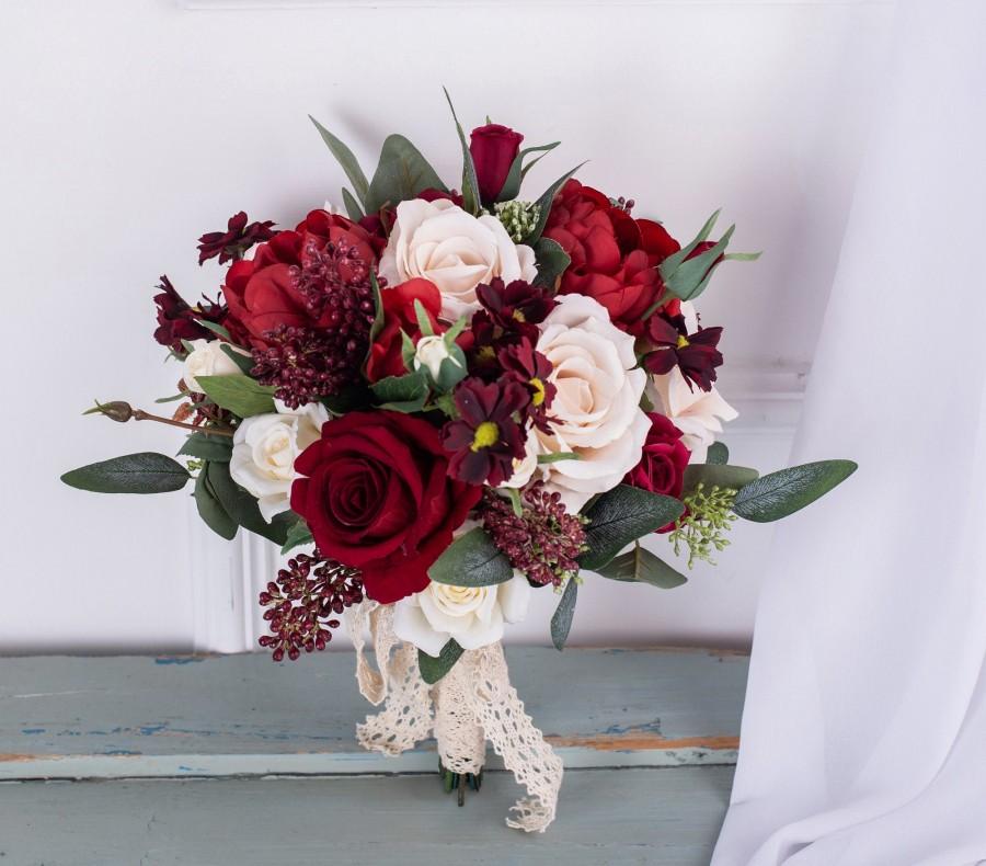 زفاف - red white silk Rose peony Bridal bouquet,wedding bouquet, wedding flowers ,bridesmaid wedding flowers, rustic boho wedding