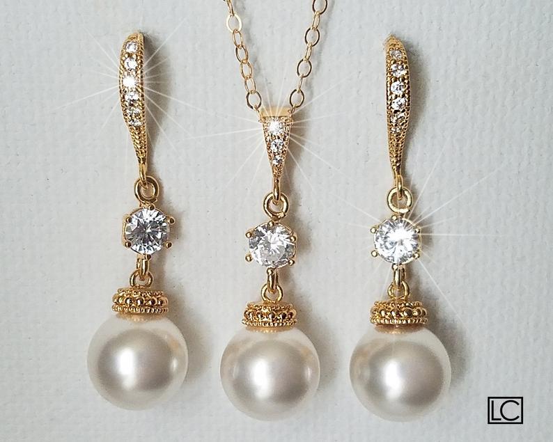 زفاف - White Pearl Gold Bridal Set, Swarovski 10mm Pearl Earrings&Necklace Set, Pearl Chandelier Earrings, Pearl Pendant, Bridal Bridesmaid Jewelry